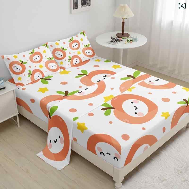 寝具カバーセット ボックスシーツ ピーチスキン加工 デジタルプリント ポリエステル キャラクター リンゴ 星柄 フラットシーツ 枕カバー 4点セット 寝室 寮用 カジュアル