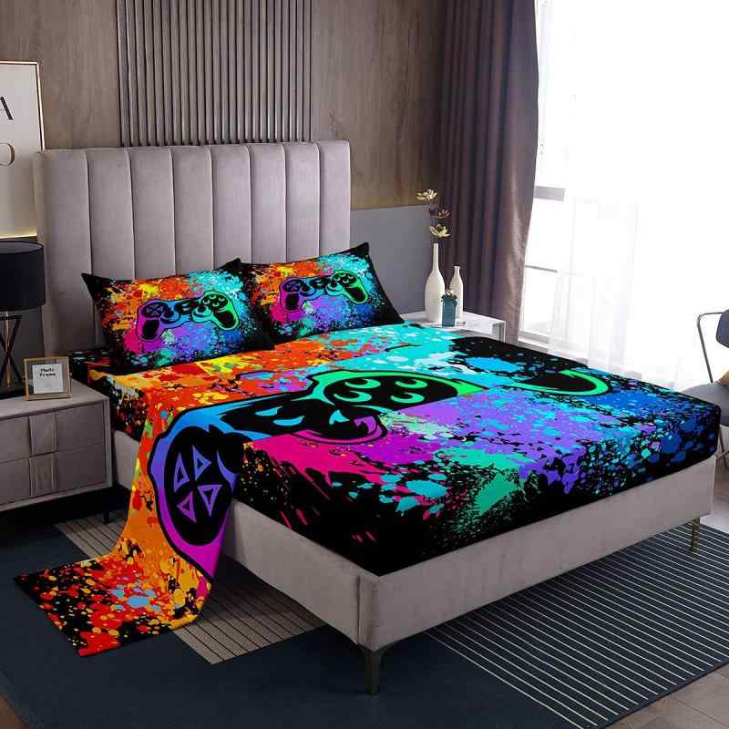 寝具カバーセット ボックスシーツ 4点セット ゲームコントローラー柄 デジタルプリント 起毛加工 ポリ..