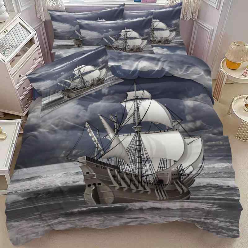 布団カバーセット デジタルプリント 航海帆船 ヨット柄 掛け布団カバー 枕カバー 3点セット 起毛加工 ..