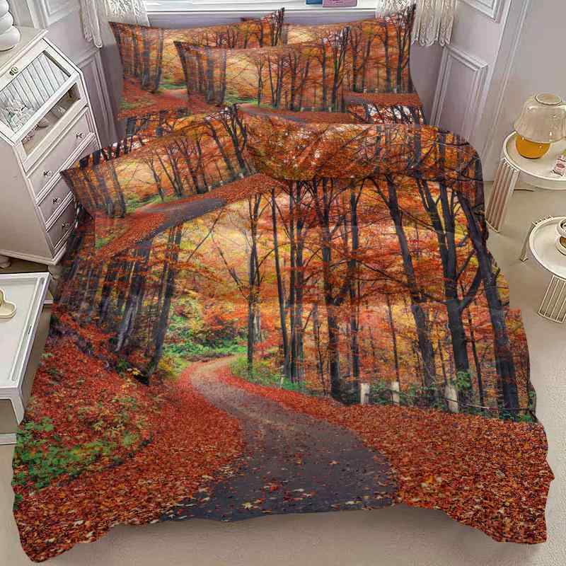 寝具 3点セット 掛け布団カバー 枕カバー ピーチスキン加工 デジタルプリント 秋の落ち葉柄 ポリエステル 平織り カントリー風 高品質 寝室用