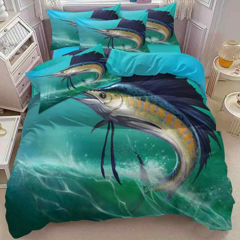 寝具 ピーチスキン加工 デジタルプリント 海洋 カジキ柄 3点セット 掛け布団カバー 枕カバー ポリエス..
