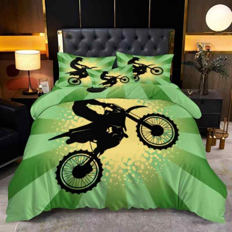 寝具 掛け布団カバー ピローケース 3点セット バイク柄 デジタルプリント ピーチスキン加工 ポリエステ..