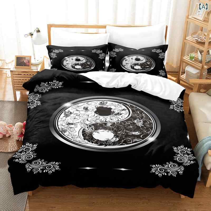 布団カバーセット 速乾 通気性 しわになりにくい ポリエステル デジタルプリント スポーティ 太極八卦柄 シーツ 掛け布団カバー 枕カバー 3点セット 寝具 ベッドリネン