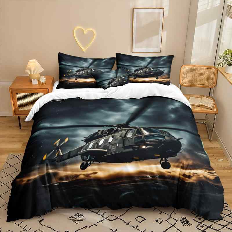寝具カバーセット 3D デジタルプリント ヘリコプター柄 三点セット 化繊素材 キルティング加工 モダン ..
