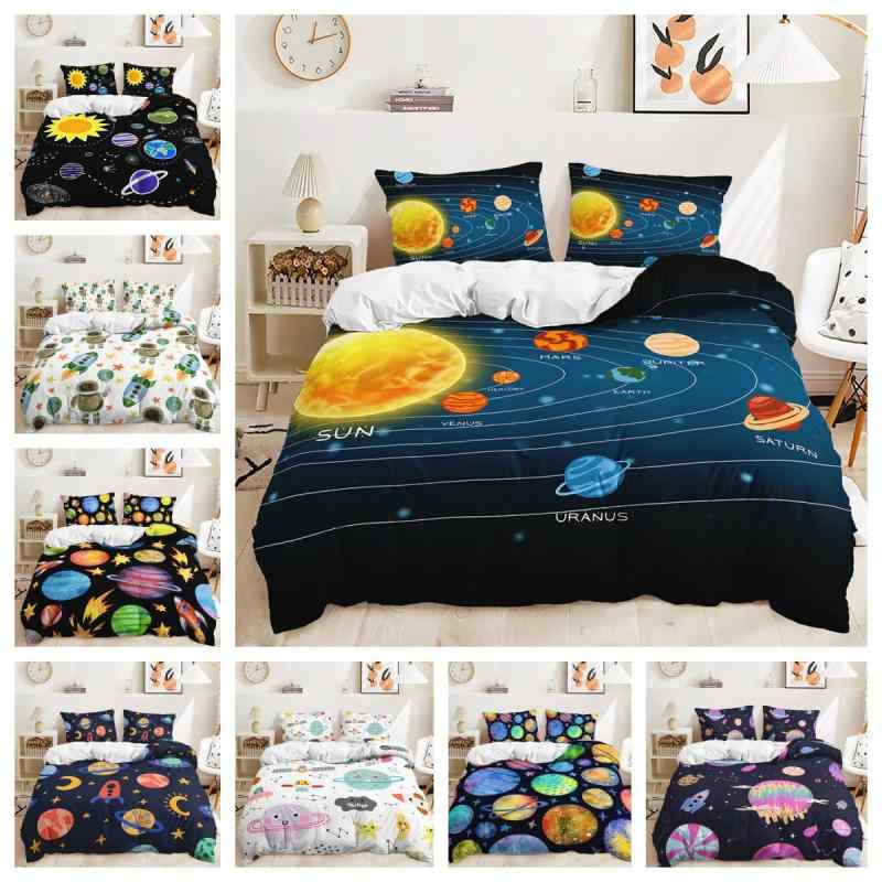 寝具セット デジタルプリント 3Dプリント ピーチスキン加工 ポリエステル素材 宇宙柄 惑星柄 星空 ギャラクシー 掛け布団カバー 枕カバー 3点セット モダン シンプル おしゃれ シングル セミダブル ダブル