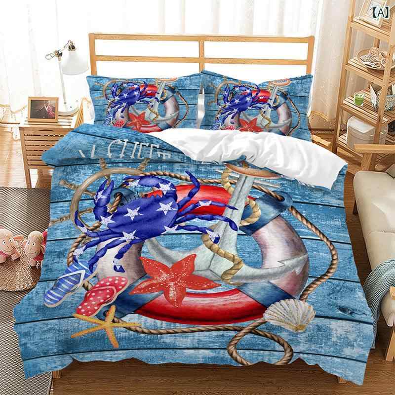 布団カバーセット ピーチスキン加工 なめらか肌触り 活性染料 色あせしにくい 3Dデジタルプリント アンカー 錨 マリン 航海柄 ポリエステル 寝具 三点セット インテリア 模様替え かわいい カジュアル