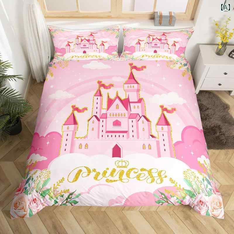 布団カバーセット キッズ 女の子向け ピンク お城 3Dデジタルプリント かわいい おしゃれ モダン シンプル ポリエステル 速乾 洗える シングル ダブル ベッドカバー