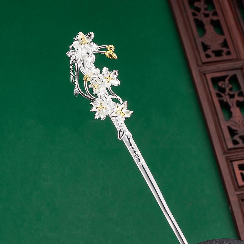 かんざし S925シルバー アンティーク調 電気メッキ加工 桃の花 フラワーモチーフ レトロ 中国風 伝統衣..