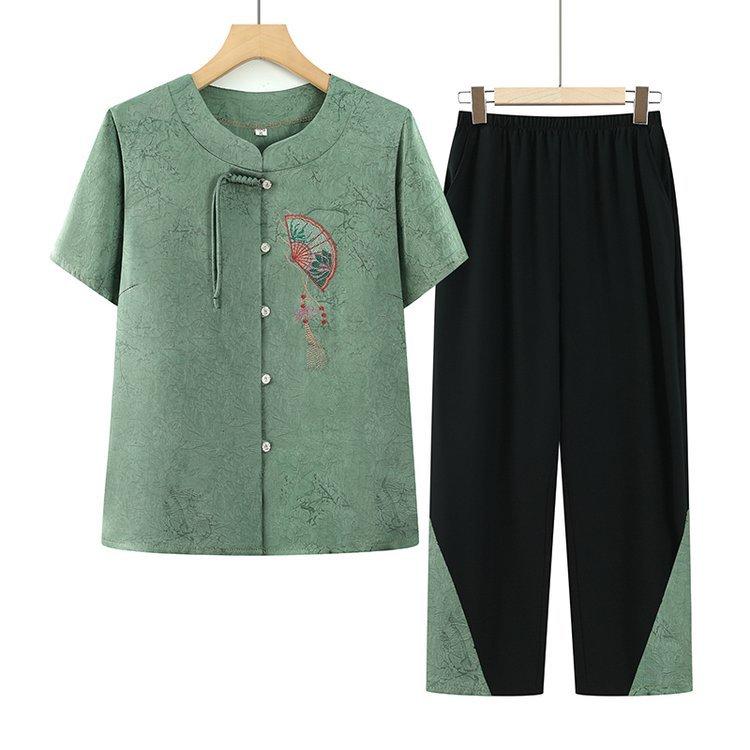 セットアップ レディース シニア世代 母 祖母 春夏 薄手 半袖 開襟 チャイナ風 花柄 ゆったり 綿混素材 ポケット付き トップス 九分丈パンツ 2点セット カジュアル 普段着 部屋着
