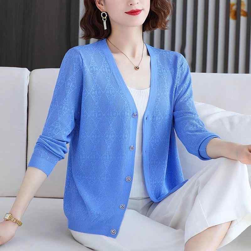 ニットカーディガン レディース ママ ミセス UVカット 接触冷感 冷房対策 長袖 透かし編み 薄手 羽織り..