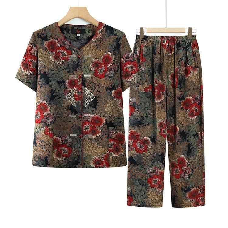 Tシャツ レディース シニア 薄手 接触冷感 吸汗速乾 半袖 トップス クロップドパンツ 上下セット ツーピース 再生繊維 春夏 花柄 刺繍 大きいサイズ ゆったり 部屋着 ルームウェア パジャマ
