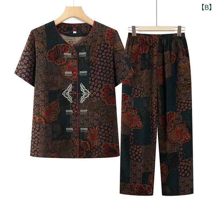 Tシャツ レディース シニア 薄手 接触冷感 吸汗速乾 半袖 トップス クロップドパンツ 上下セット ツーピース 再生繊維 春夏 花柄 刺繍 大きいサイズ ゆったり 部屋着 ルームウェア パジャマ