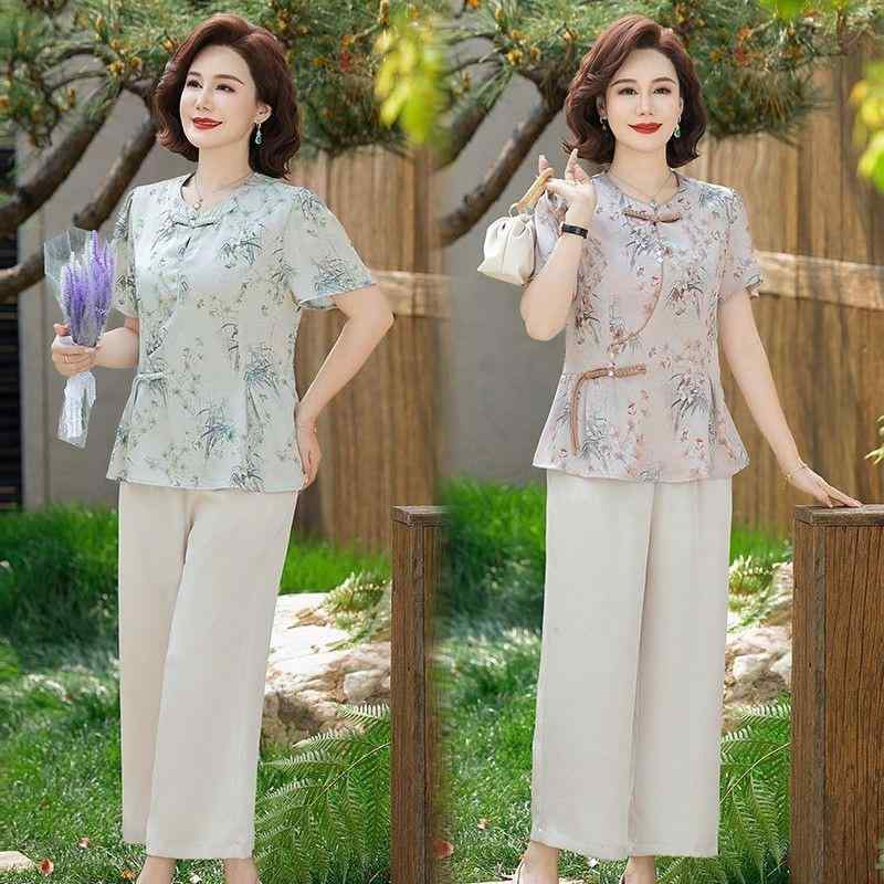 セットアップ レディース ミセス 中高年 夏物 中国風 半袖Tシャツ 七分丈パンツ クロップドパンツ ツーピース ゆったり 体型カバー 大きいサイズ 上品 おしゃれ カジュアル ポリエステル プリント柄