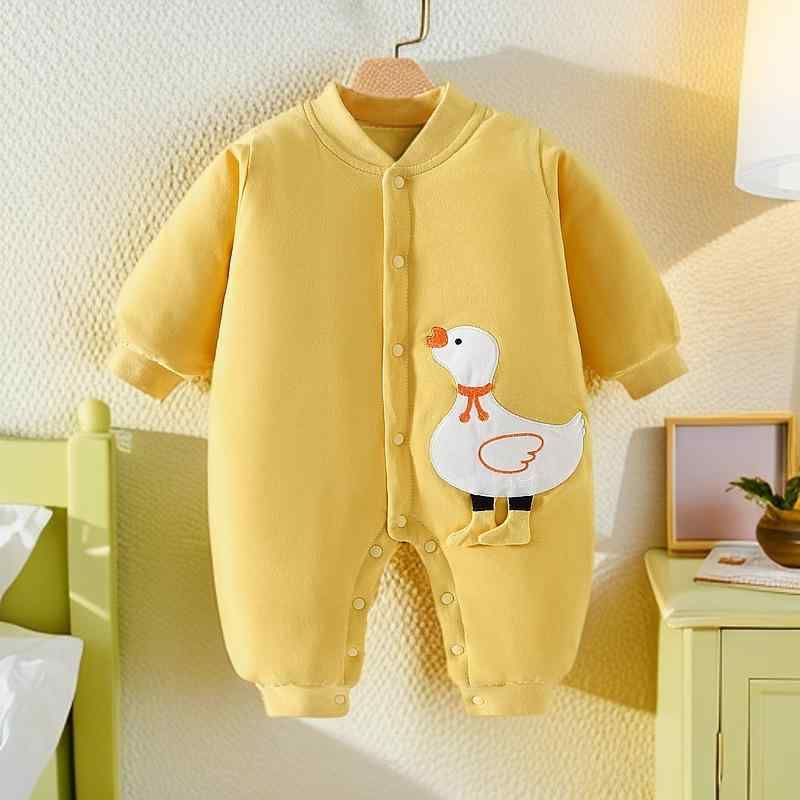 ロンパース カバーオール ベビー 新生児 男女兼用 立体刺繍 アヒル 綿100% 厚手 あったか 柔らか 前開き スナップボタン 長袖 春秋冬 カジュアル 安心素材