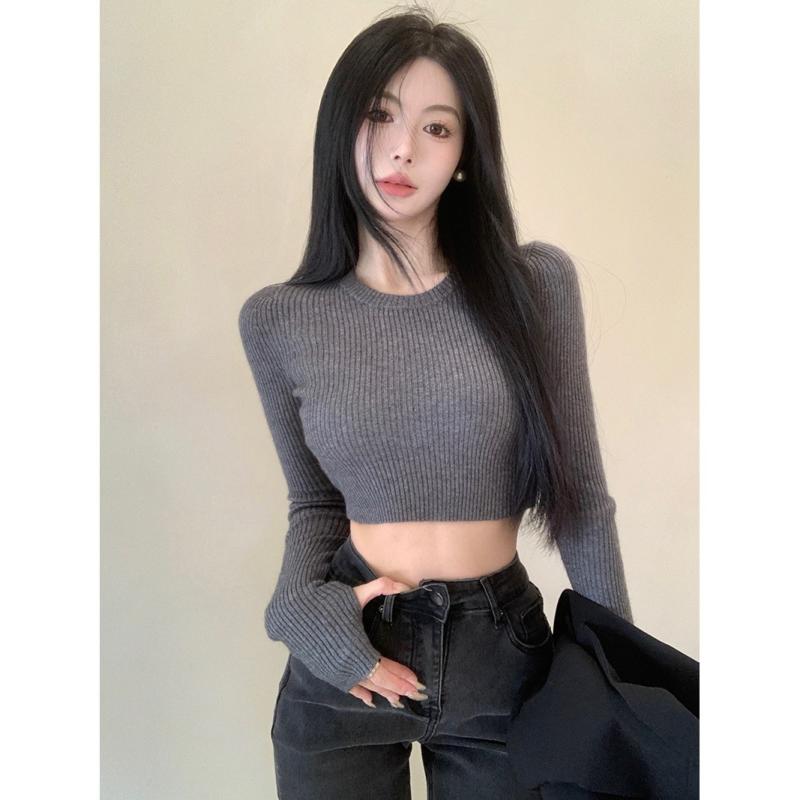 ニット レディース 長袖 プルオーバー ショート丈 スリムフィット トップス インナー 秋冬 大人きれいめ 上品エレガント コアスパンヤーン ポロ襟 パフスリーブ カジュアル 快適な着心地 ブラック グレー