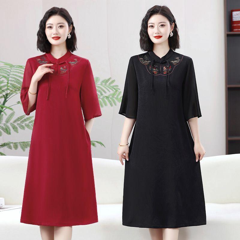 チャイナドレス レディース ママ ミディ丈 Aライン レトロ 刺繍 エレガント 上品 ゆったり 大きいサイズ 体型カバー プラスサイズ 五分袖 ラウンドネック ポリエステル素材 春夏 お呼ばれ パーティー 同窓会 フォーマル ワンピース