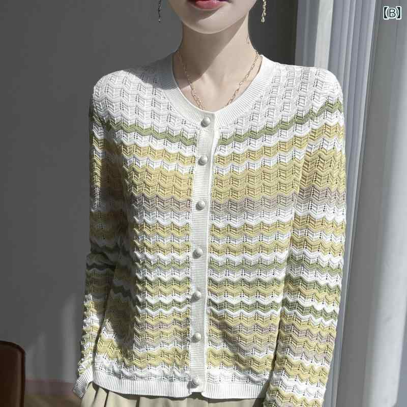 ニットカーディガン レディース 精紡ウール 波状ストライプ 配色切り替え 金糸 透かし編み パンチング 薄手 軽量 長袖 ラウンドネック シングルボタン 清涼感 フェミニン かわいい アウター