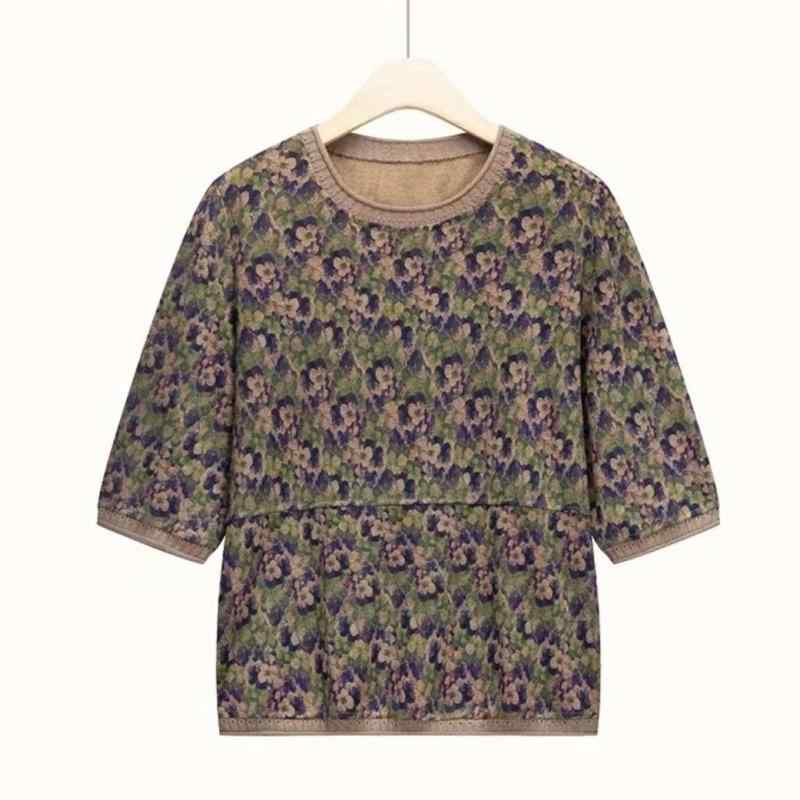 Tシャツ レディース ミセス 五分袖 ハーフスリーブ ラウンドネック 丸首 プルオーバー ニット 花柄 プリント ポリエステル素材 ゆったり 体型カバー 大きいサイズ ママ 母親 おしゃれ 上品 エレガント レトロ 春夏