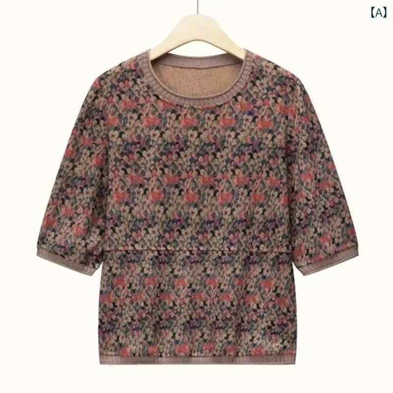Tシャツ レディース ミセス 五分袖 ハーフスリーブ ラウンドネック 丸首 プルオーバー ニット 花柄 プリント ポリエステル素材 ゆったり 体型カバー 大きいサイズ ママ 母親 おしゃれ 上品 エレガント レトロ 春夏