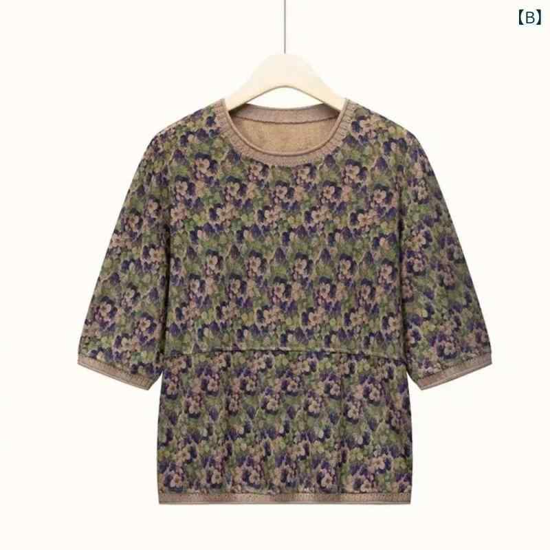 Tシャツ レディース ミセス 五分袖 ハーフスリーブ ラウンドネック 丸首 プルオーバー ニット 花柄 プリント ポリエステル素材 ゆったり 体型カバー 大きいサイズ ママ 母親 おしゃれ 上品 エレガント レトロ 春夏