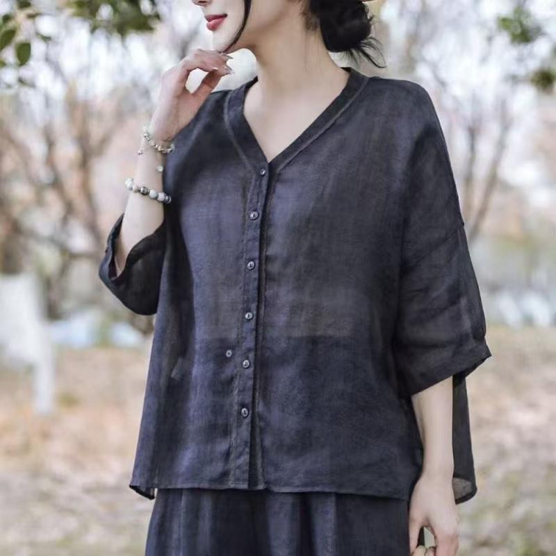 シャツ レディース ミセス シニア ママ ゆったり ルーズフィット ショートカーディガン 花柄プリント おしゃれ レトロ チャイナ風 Vネック 七分袖 切り替え 春夏 ポリエステル素材 着回し 万能