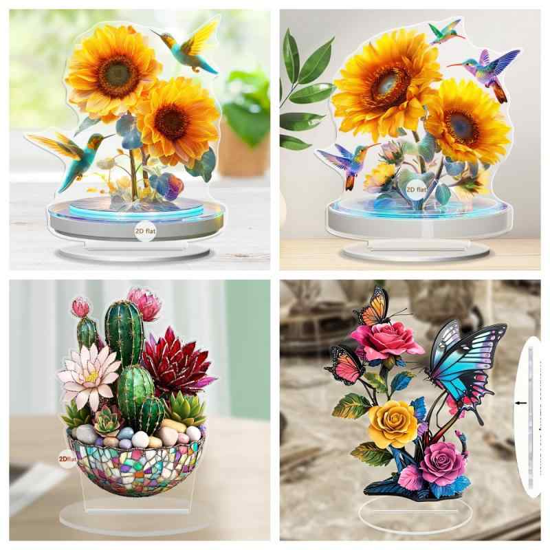 置物 バタフライ サボテン ひまわり フラワー カントリー 芝生 ガーデン 鉢植え 卓上 インテリア デコレーション オブジェ オーナメント アクリル製 おしゃれ かわいい(x2)