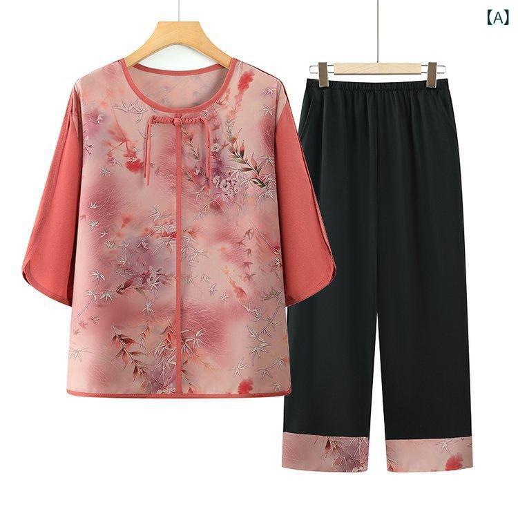 セットアップ ツーピース レディース ミセス 中高年 五分袖 シャツ ブラウス 九分丈パンツ 春夏 チャイナ風 薄手 ゆったり シフォン素材 体型カバー 上品 カジュアル 普段着 お出かけ