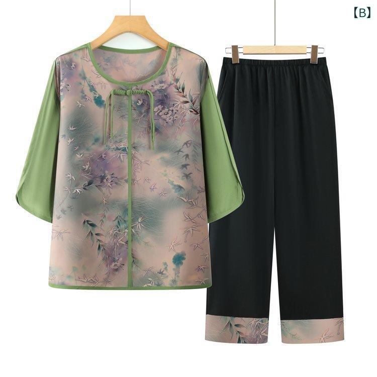 セットアップ ツーピース レディース ミセス 中高年 五分袖 シャツ ブラウス 九分丈パンツ 春夏 チャイナ風 薄手 ゆったり シフォン素材 体型カバー 上品 カジュアル 普段着 お出かけ