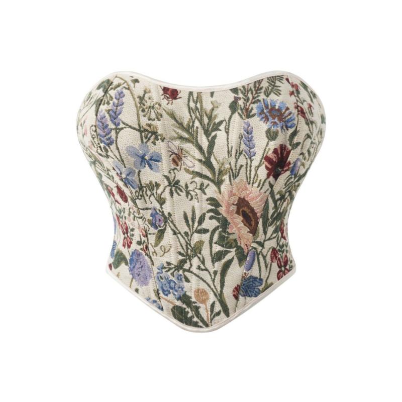 コルセットトップス レディース ボーン入り 補正 シェイプアップ バストアップ お腹引き締め ウエストシェイパー シームレス レトロ プリント柄 アウターライク...