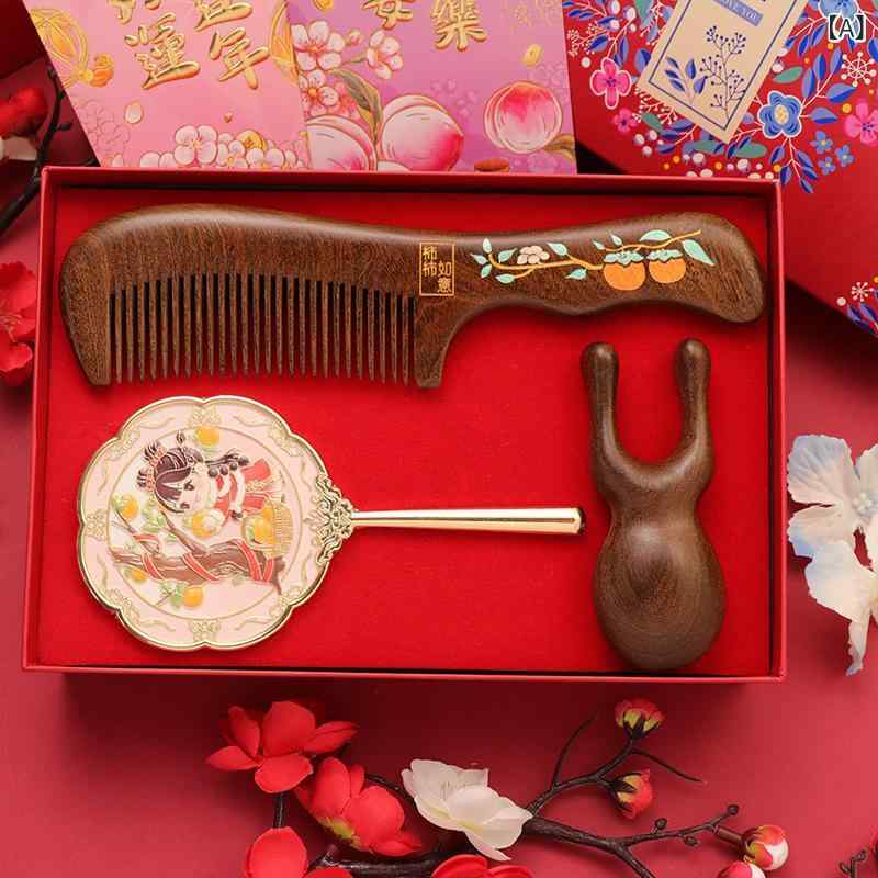 櫛 レディース 木製 アンティーク調 天然木 ヘアブラシ 頭皮マッサージ 静電気防止 ペア櫛 ギフトセット 誕生日 母の日 結婚祝い 記念日 贈り物