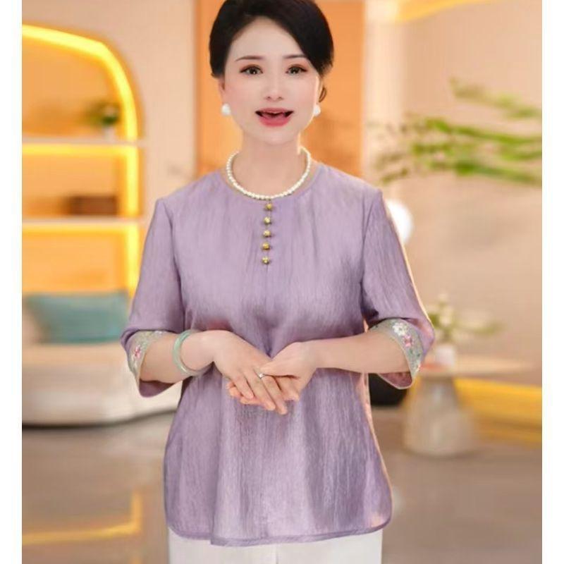Tシャツ レディース 体型カバー お腹カバー 五分袖 刺繍 中国風 エスニック レトロ 丸首 トップス カットソー ポリエステル素材 プルオーバー 着回し ベーシック ライトパープル 春夏