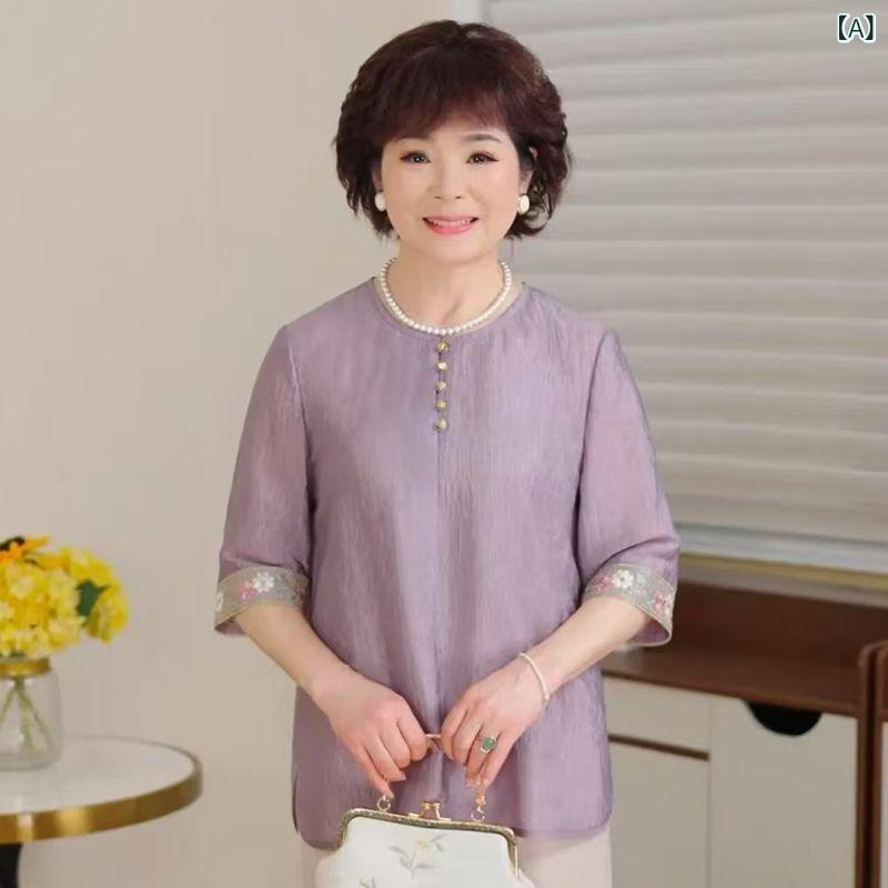 Tシャツ レディース 体型カバー お腹カバー 五分袖 刺繍 中国風 エスニック レトロ 丸首 トップス カットソー ポリエステル素材 プルオーバー 着回し ベーシック ライトパープル 春夏