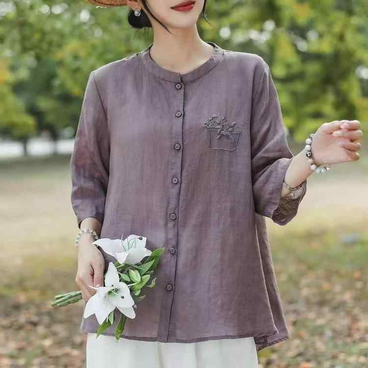 シャツ レディース ミセス 綿麻 半袖 ブラウス ゆったり 大きいサイズ 体型カバー 襟付き 上品 エレガント きれいめ 通勤 オフィス カジュアル 春夏 刺繍