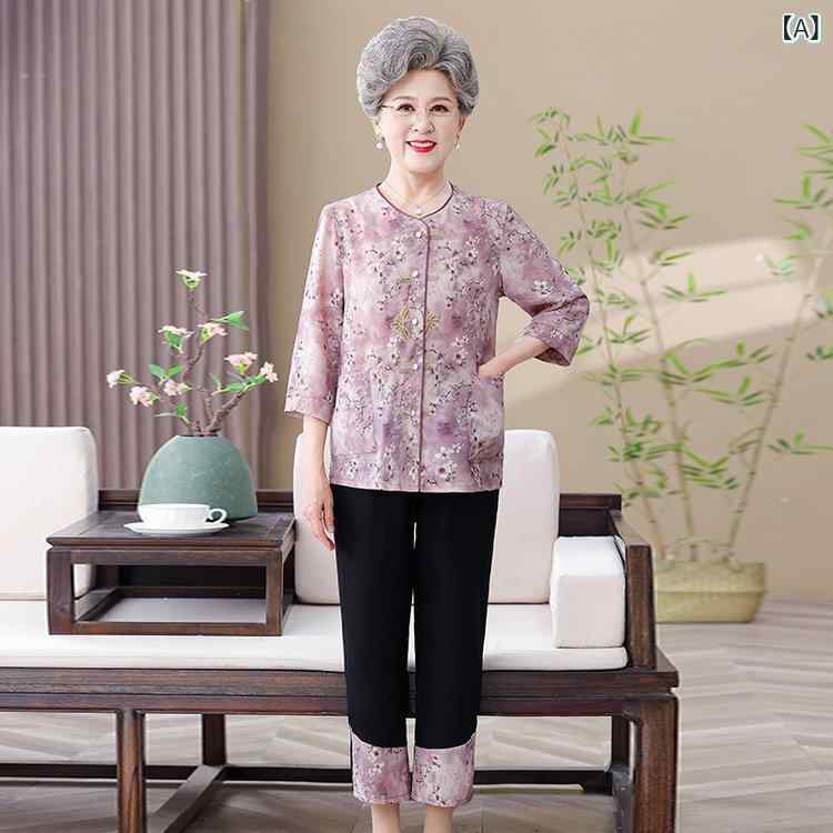 シャツ レディース シニア ミセス 70代 80代 春夏 薄手 シフォン 花柄 ゆったり 開襟 ブラウス 九分丈パンツ セットアップ カジュアル ポケット付き