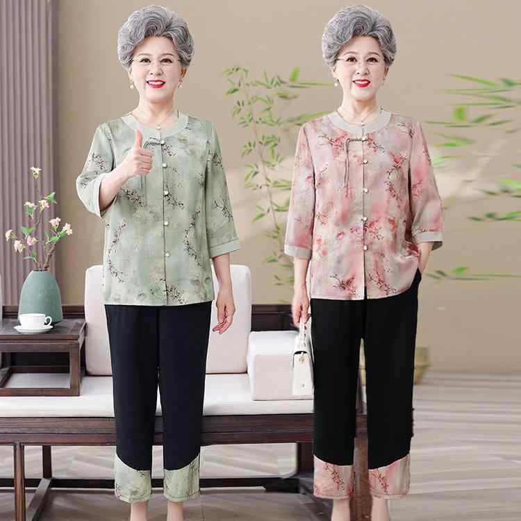セットアップ レディース シニア 70代 80代 薄手 花柄 シフォン シャツ 羽織り ツーピース カジュアル 九分丈パンツ お出かけ 部屋着 グリーン レッド