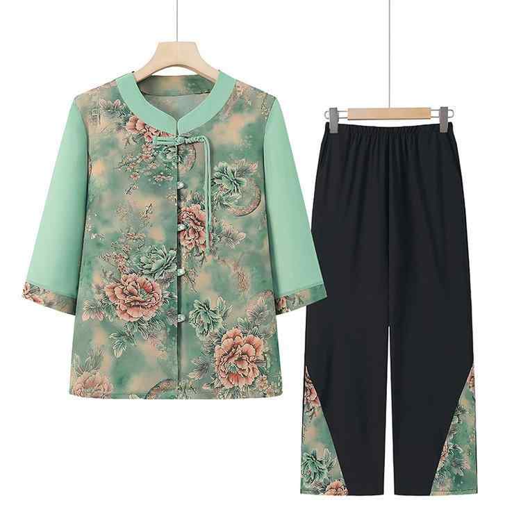 セットアップ レディース ミセス シニア 七分袖 シャツ ブラウス 2点セット 上下セット 春夏 薄手 軽量 綿混 花柄 ゆったり 体型カバー おしゃれ 九分丈パンツ