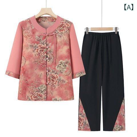 セットアップ レディース ミセス シニア 七分袖 シャツ ブラウス 2点セット 上下セット 春夏 薄手 軽量 綿混 花柄 ゆったり 体型カバー おしゃれ 九分丈パンツ