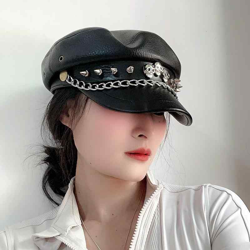 キャスケット ユニセックス スカル 鋲 チェーン PUレザー サブカル パンク ロック ダーク系 ストリート..