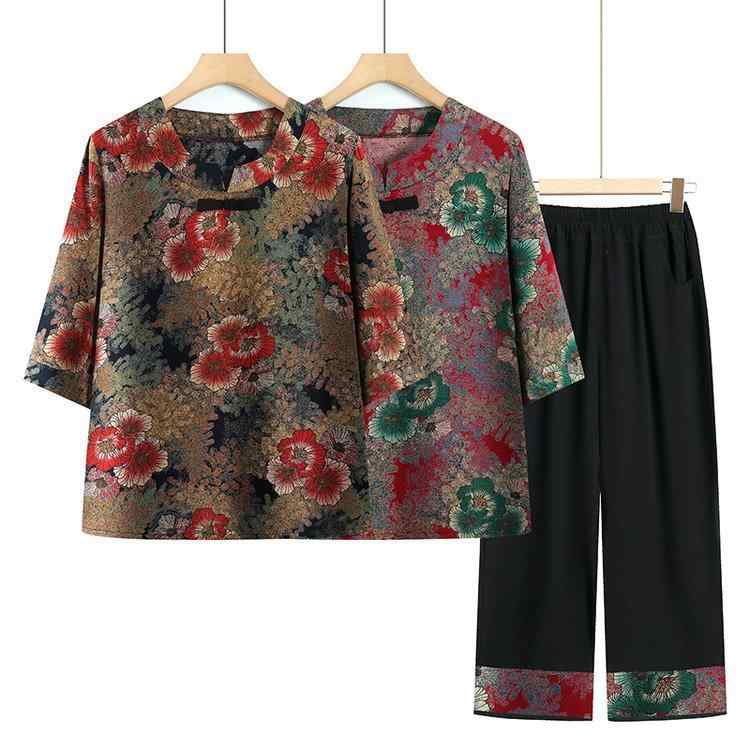パジャマ レディース シニア 女性用 薄手 ゆったり 再生繊維 プルオーバー ポケット付き 半袖 九分丈パンツ 上下セット 部屋着 花柄 レッド ブルー 春夏