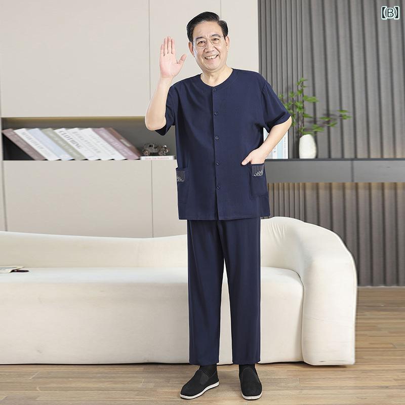 セットアップ メンズ 高齢者向け 春夏 再生繊維 半袖 開襟シャツ ロングパンツ 2点セット 薄手 通気性 快適 ルームウェア パジャマ ゆったり