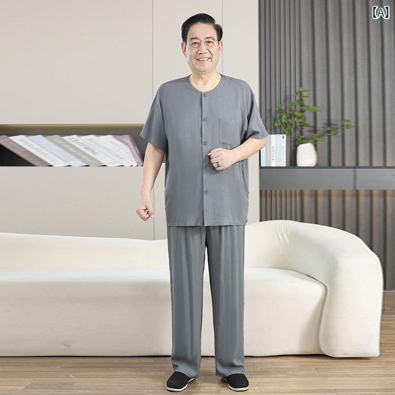 ルームウェア メンズ 中高年 男性用 シニア お父さん おじいちゃん パジャマ 半袖 長パンツ 上下セット 綿麻混 薄手 接触冷感 吸汗速乾 チャイナボタン 前開き 丸首 無地 部屋着 普段着 カジュアル 春夏