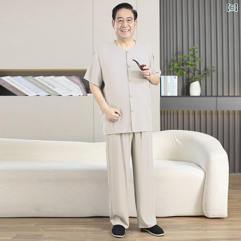 ルームウェア メンズ 中高年 男性用 シニア お父さん おじいちゃん パジャマ 半袖 長パンツ 上下セット 綿麻混 薄手 接触冷感 吸汗速乾 チャイナボタン 前開き 丸首 無地 部屋着 普段着 カジュアル 春夏