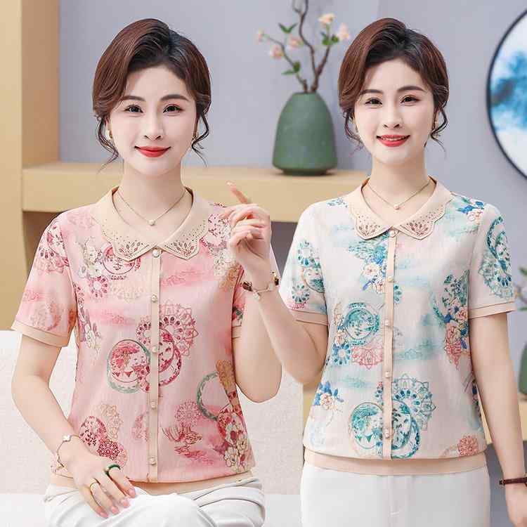 ポロシャツ レディース ミセス 接触冷感 半袖 ラインストーン 花柄 春夏 トップス 綿混 カジュアル オフィス きれいめ ミドル丈 カットソー