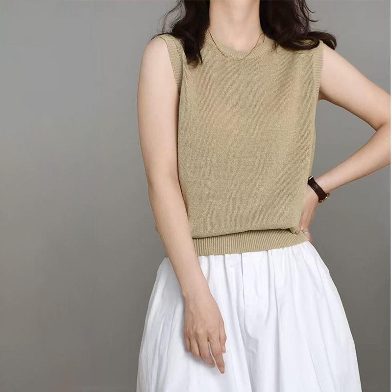 ベスト レディース フレンチシック 上品 きれいめ スリム見え 着痩せ効果 和紙糸ブレンド サマーニット..