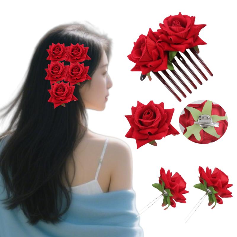 ヘアアクセサリー レディース レトロ ベロア 赤色 ローズ バラ 造花 花嫁 ブライダル まとめ髪 7本歯 髪飾りコーム 和装 漢服 ヘアクリップ