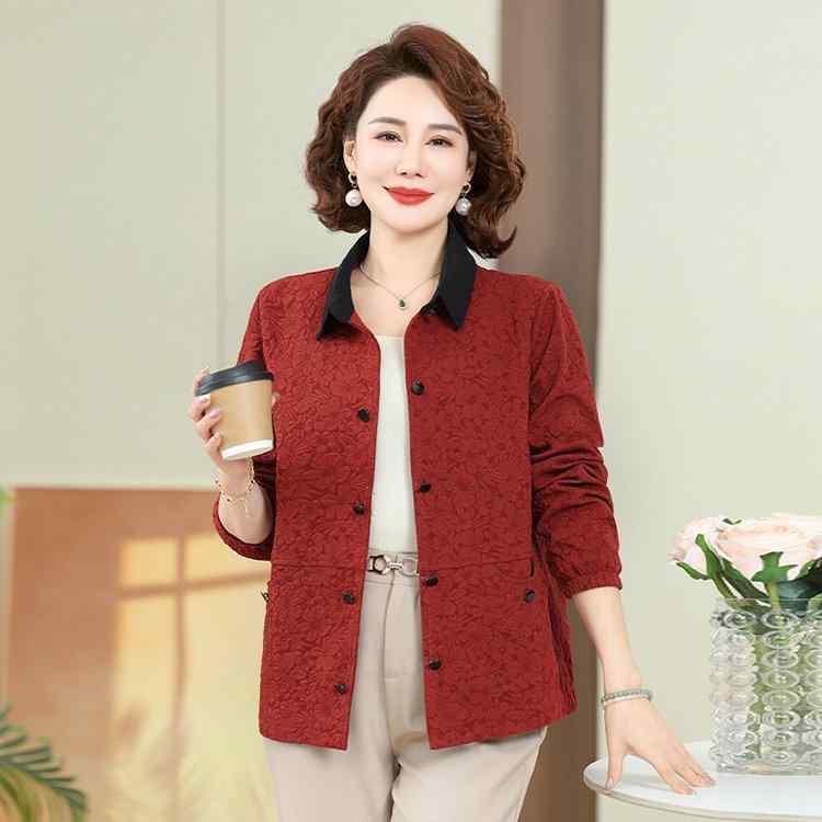 ジャケット レディース ミセス 春秋 通勤スタイル 普段使い 細見え ゆったり 長袖 シャツ襟 ショート丈 プリント柄 ポケット付き 綿混素材 カジュアル 羽織り 上着