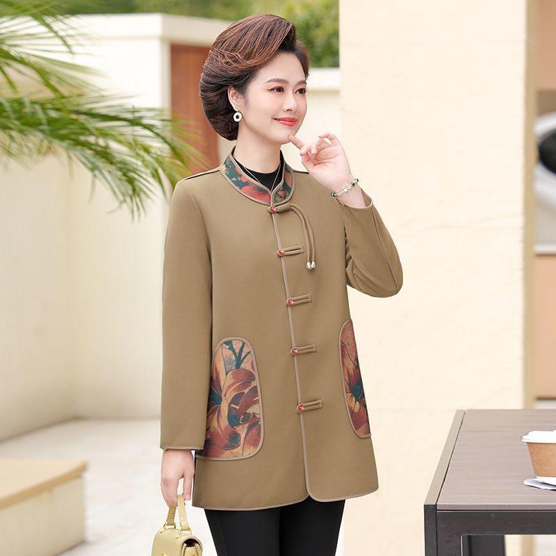 ジャケット ミセス レディース 大人女性 チャイナ風 中華風 上品 エレガント 春秋 きれいめ アウター ミドル丈 長袖 ハイネック ポリエステル 羽織り 多ボタン