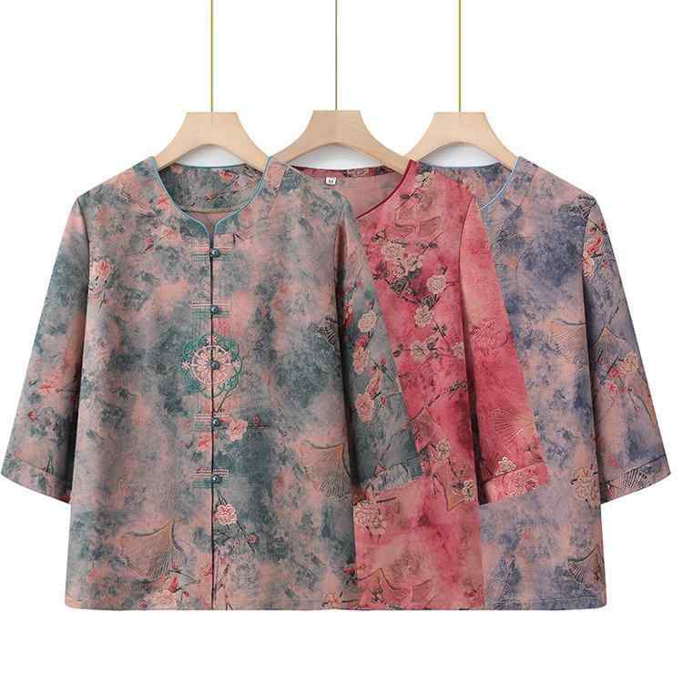 シャツ レディース 60代 ミセス 祖母 母親 高齢者向け 上品 エレガント 刺繍 綿混紡 ブラウス ゆったり 体型カバー ボタン付き 春夏 大きいサイズ