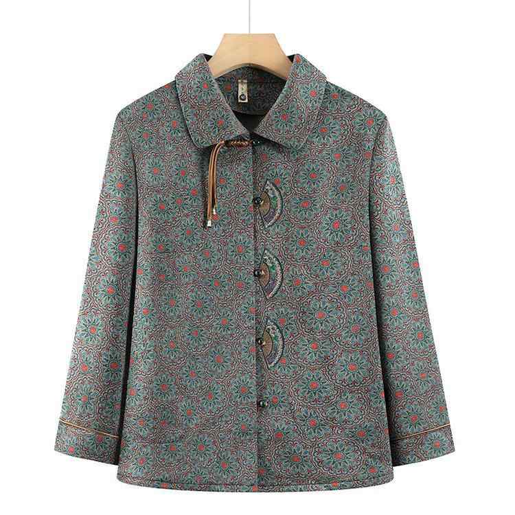 シャツ ブラウス ライトアウター レディース ミセス 婦人 母 祖母 春秋 薄手 襟付き プリント 花柄 民族風 レトロ 上品 エレガント 綿混 ポケット付き