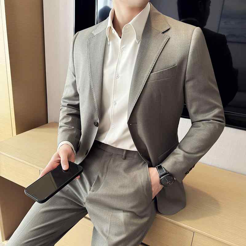 スーツ メンズ 高級感 ウール混紡 ノッチドラペル ピックステッチ シングルブレスト2つボタン 軽ビジネ..